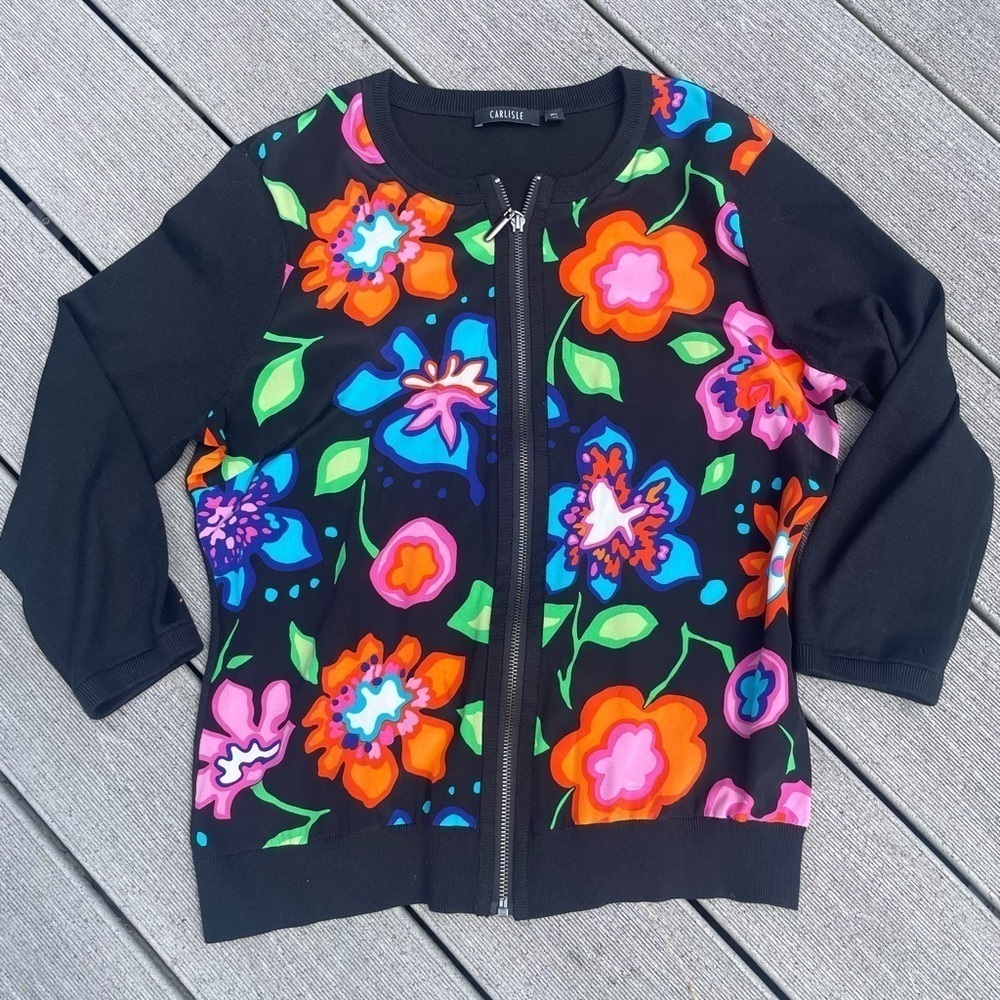 Carlisle Zip front Cardigan Sweater Jacket top Floral Silk blend 3/4 Sleeve sz L